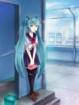  1girl aqua_eyes aqua_hair black_legwear chain-link_fence cloud dmith fence food full_body hair_between_eyes hatsune_miku highres holding loafers long_hair long_image looking_at_viewer obentou open_mouth school_uniform serafuku shoes sky stairs standing tall_image thighhighs twintails uniform very_long_hair vocaloid 