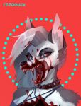  2021 absurd_res alternate_version_at_source anthro black_nose blood bodily_fluids bust_portrait canid canid_demon collar demon drooling ear_piercing eyeliner fangs fedoguck female fur gore grey_body grey_eyes grey_fur hair hellhound helluva_boss hi_res licking looking_at_viewer loona_(vivzmind) makeup mammal notched_ear open_mouth pentagram piercing portrait pupils red_background red_sclera saliva self_lick sharp_teeth silver_hair simple_background slit_pupils solo spiked_collar spikes teeth tongue tongue_out white_body white_fur 