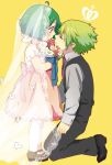  1boy 1girl ahoge bouquet brera_sterne brother_and_sister cero_(cerocero) child closed_eyes dress flower green_hair holding holding_bouquet kneeling macross macross_frontier pink_dress ranka_lee see-through short_hair siblings veil younger 