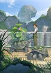  1boy animal blue_sky brown_hair cloud creature day garden gardening green_overalls holding holding_watering_can lily_pad long_sleeves nurikabe_(mictlan-tecuhtli) original outdoors oversized_animal plant potted_plant shirt sky solo tortoise turtle turtle_shell watering_can white_shirt 