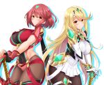  2girls aegis_sword_(xenoblade) bangs bare_shoulders black_gloves blonde_hair blush breasts chest_jewel covered_navel dress earrings elbow_gloves fingerless_gloves gem gloves headpiece highres jewelry large_breasts long_hair looking_at_viewer multiple_girls mythra_(xenoblade) pyra_(xenoblade) rayal red_eyes red_hair red_legwear red_shorts short_hair short_shorts shorts super_smash_bros. swept_bangs sword thigh_strap thighhighs tiara weapon xenoblade_chronicles_(series) xenoblade_chronicles_2 yellow_eyes 