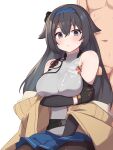  1boy 1girl absurdres armpit_sex bangs bare_shoulders black_hair blue_eyes breasts clothed_female_nude_male clothed_sex collarbone cum cum_on_clothes fizz_(pixiv34498626) girls_frontline gloves hair_flaps highres large_breasts long_hair navel nude pantyhose penis pleated_skirt skirt solo_focus super_sass_(girls_frontline) very_long_hair 