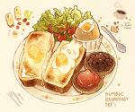  beans bread bread_slice bunny butter drooling egg eggshell english_text food food_focus fork halfboiled_egg highres knife lettuce nao_(bestrollever) no_humans original plate saucer simple_background spoon still_life utensil vegetable 