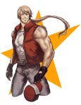  1boy artist_request baseball_cap belt black_gloves blonde_hair closed_eyes denim facing_viewer fatal_fury fingerless_gloves gloves hat hat_removed headwear_removed highres holding holding_clothes holding_hat jacket jeans long_hair male_focus muscular muscular_male pants ponytail red_headwear shirt shirt_tucked_in smile solo star_(symbol) terry_bogard the_king_of_fighters vest white_background white_shirt 