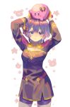  1girl 1other arms_up bangs bernadetta_von_varley bike_shorts blush_stickers closed_mouth crossover dress earrings eyebrows_behind_hair fire_emblem fire_emblem:_three_houses flower gloves grey_eyes gtcockroach hair_between_eyes hair_ornament hair_ribbon highres holding_another jewelry kirby kirby_(series) long_sleeves purple_dress purple_gloves purple_hair ribbon short_hair shorts_under_dress two-tone_gloves white_background yellow_gloves 