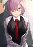  1girl black-framed_eyewear black_shirt blush closed_mouth fate/grand_order fate_(series) glasses grey_sleeves hair_over_one_eye hand_on_wall highres jacket looking_at_viewer mash_kyrielight memero_7272 necktie purple_eyes purple_hair red_neckwear shirt short_hair solo_focus upper_body wet wet_clothes 
