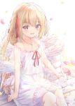  1girl :d angel angel_wings bangs blonde_hair blush cat commentary commission dress english_commentary eyebrows_visible_through_hair feathered_wings field fingernails flower flower_field hair_ribbon highres key_necklace liuliu long_hair looking_at_viewer multiple_wings open_mouth original petals petting red_eyes red_ribbon ribbon see-through_sleeves seraph sitting_on_bench smile solo two_side_up very_long_hair white_dress white_wings wings 