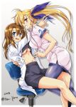  2girls ass black_legwear blonde_hair blue_eyes blush breasts brown_hair grin hair_ornament hair_ribbon large_breasts long_hair lyrical_nanoha mahou_shoujo_lyrical_nanoha_vivid midriff multiple_girls navel nurse open_mouth pantyhose ponytail ribbon san-pon shiny shiny_hair simple_background smile stethoscope underboob vivio white_background yagami_hayate yuri 