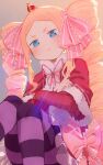  1girl bangs beatrice_(re:zero) blonde_hair blue_eyes blush bow butterfly-shaped_pupils closed_mouth coat crossed_arms crown drill_hair feet_out_of_frame frilled_bow frills fur_collar grey_background hair_bow highres looking_at_viewer mini_crown pantyhose parted_bangs pink_bow pink_pupils purple_legwear re:zero_kara_hajimeru_isekai_seikatsu red_coat ryusei_hashida sitting solo striped striped_legwear twin_drills twintails x_x 