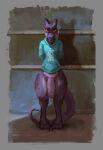  absurd_res amber_eyes anthro big_penis bottomless_male clothing flaccid foreskin genitals hi_res hoodie huge_penis kobold male maneframe nil penis purple_body purple_scales scales solo standing topwear uncut 