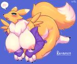  anthro armwear big_breasts blush blush_lines bodily_fluids breasts canid canine clothing cute_fangs digimon digimon_(species) female fur huge_breasts kemono looking_at_viewer mammal mostly_nude nipples open_mouth renamon solo sususuigi sweat sweatdrop text tuft white_body white_fur yellow_body yellow_fur 