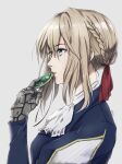  1girl blonde_hair blue_eyes blue_jacket bow braid brooch french_braid from_side green_brooch hair_ribbon hand_up highres jacket jewelry long_sleeves parted_lips portrait prosthetic_hand puffy_sleeves red_ribbon ribbon shadowhime simple_background solo violet_evergarden violet_evergarden_(character) white_background 