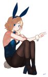  1girl animal_ears blonde_hair blue_bow blue_eyes blue_footwear blue_hairband blue_leotard blue_theme blush bow bowtie breasts brown_legwear bunny_ears bunny_tail closed_mouth detached_collar fake_animal_ears fake_tail fingernails from_side full_body hairband hand_up high_heels highres leotard looking_at_viewer looking_to_the_side medium_breasts medium_hair original pantyhose playboy_bunny ryusei_hashida simple_background skindentation solo strapless strapless_leotard tail v white_background wrist_cuffs 