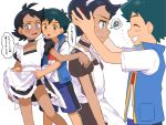  2boys apron apron_lift ash_ketchum bangs black_hair blue_eyes blue_jacket blush commentary_request crossdressing dress dress_lift eyelashes frills goh_(pokemon) jacket looking_at_another male_focus multiple_boys neck_garter open_mouth pokemon pokemon_(anime) pokemon_swsh_(anime) shirt short_sleeves sleeveless sleeveless_jacket spoken_squiggle squiggle sweatdrop t-shirt thought_bubble tongue translation_request white_shirt ze_(0enmaitake) 