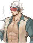  1boy abs alternate_pectoral_size bara beard commentary covered_eyes cropped_torso cup facial_hair godot gomtang green_shirt gyakuten_saiban gyakuten_saiban_3 large_pectorals male_cleavage male_focus mature_male mug muscular muscular_male open_clothes open_shirt shirt short_hair solo stomach symbol_commentary white_hair 