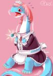  2020 apron blue_body blush bodily_fluids clothing dinosaur dress edmol female flying_sweatdrops hair hi_res looking_down maid_uniform open_mouth pink_background pink_hair reptile scalie simple_background sitting solo surprise sweat sweatdrop transformation uniform 