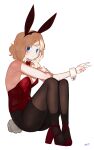 1girl animal_ears blonde_hair blue_eyes blush bow bowtie breasts brown_legwear bunny_ears bunny_tail closed_mouth detached_collar fake_animal_ears fake_tail fingernails from_side full_body hairband hand_up high_heels highres leotard looking_at_viewer looking_to_the_side medium_breasts medium_hair original pantyhose playboy_bunny red_footwear red_hairband red_leotard red_theme ryusei_hashida simple_background skindentation solo strapless strapless_leotard tail v white_background wrist_cuffs 