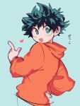  1boy :d blue_background boku_no_hero_academia curly_hair freckles green_eyes green_hair hand_on_hip happy heart midoriya_izuku open_mouth orange_sweater pointing pointing_up short_hair simple_background smile solo sweater torotoro_saamon 