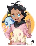  1boy animal_ears antenna_hair bangs black_hair black_hairband blue_eyes blush commentary_request dark_skin dark_skinned_male eyelashes fake_animal_ears gen_2_pokemon gen_8_pokemon goh_(pokemon) hairband hand_on_hip hand_up highres looking_at_viewer male_focus miltank open_mouth outline pokemon pokemon_(anime) pokemon_(creature) pokemon_swsh_(anime) smile sobble sparkle starter_pokemon tongue translation_request ze_(0enmaitake) 