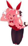  1boy :d animal_ears astolfo_(fate) black_bow black_legwear bow bowtie braid breasts bunny_ears bunny_pose detached_collar fang fate/grand_order fate_(series) hair_bow hair_over_shoulder hands_up highres leotard long_hair looking_at_viewer one_eye_closed open_mouth otoko_no_ko pantyhose pink_hair playboy_bunny purple_eyes red_bow red_footwear red_leotard red_neckwear ryusei_hashida shoes simple_background single_braid skin_fang small_breasts smile solo white_background wrist_cuffs 