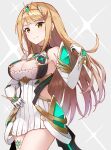  .com 1girl bangs bare_legs bare_shoulders blonde_hair breasts chest_jewel cleavage_cutout clothing_cutout crossed_arms dress earrings elbow_gloves gem gloves headpiece highres jewelry large_breasts long_hair looking_at_viewer mythra_(xenoblade) short_dress smile solo swept_bangs thigh_strap tiara very_long_hair white_dress white_footwear white_gloves xenoblade_chronicles_(series) xenoblade_chronicles_2 yellow_eyes 