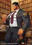  1boy bara beard belt black_belt black_hair bookshelf bulge character_request covered_abs facial_hair feet_out_of_frame formal glasses gomtang grey_suit holding large_pectorals library male_cleavage male_focus mature_male muscular muscular_male necktie official_art qurare_magic_library shirt short_hair solo white_shirt 