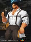  1boy bara beard belt black_belt black_hair bookshelf brown_pants bulge character_request chest_hair cigarette covered_abs cup facial_hair feet_out_of_frame glasses gomtang holding holding_cup large_pectorals library looking_at_viewer male_cleavage male_focus mature_male muscular muscular_male official_art pants qurare_magic_library shirt short_hair smoking solo suspenders white_shirt 