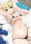  1girl adjusting_clothes adjusting_swimsuit arm_up bangs bed_sheet bikini black_bikini blonde_hair blue_eyes braid breasts clothes_removed commentary_request darjeeling_(girls_und_panzer) eyebrows_visible_through_hair girls_und_panzer highres kakimoto_nao large_breasts looking_at_viewer lying micro_bikini navel on_back on_bed open_mouth partial_commentary short_hair solo string_bikini swimsuit tied_hair 