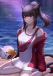  1girl andonoz animal_ears bangs beach black_hair breasts cat cat_ears cat_tail dress eyebrows_visible_through_hair facial_mark fat_cat_(ff14) final_fantasy final_fantasy_xiv highres jacket large_breasts looking_at_viewer medium_hair miqo&#039;te multicolored_hair night off_shoulder open_clothes open_jacket outdoors ponytail red_eyes red_hair sitting smile solo tail two-tone_hair wariza whisker_markings 