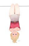  1girl absurdres belt blonde_hair blue_eyes closed_mouth crossed_arms grey_shorts highres horizontal_bar looking_at_viewer original pole red_shirt ryusei_hashida shirt shorts signature simple_background smile solo symbol_commentary upside-down white_background 