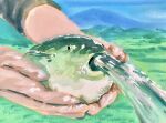  animal animal_focus fish hands highres holding holding_animal holding_fish meme original out_of_frame photo-referenced puffer_fish puffer_fish_vomiting_water ryusei_hashida 