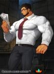  1boy bara beard belt black_belt black_hair bookshelf bulge character_request covered_abs facial_hair feet_out_of_frame formal glasses gomtang grey_pants holding large_pectorals library looking_at_viewer male_cleavage male_focus mature_male muscular muscular_male necktie official_art pants qurare_magic_library shirt short_hair solo white_shirt 