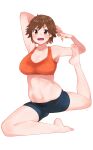  1girl :d armpits arms_behind_back bare_legs barefoot bike_shorts black_shorts blush breasts brown_eyes brown_hair cleavage feet flexible highres honda_mio idolmaster idolmaster_cinderella_girls large_breasts looking_at_viewer navel open_mouth ryusei_hashida short_hair shorts signature simple_background smile solo split sports_bra stretch sweat tagme toned white_background 
