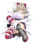  1girl artist_name bangs bed_sheet blue_eyes blue_skirt blush boots breasts brown_hair commentary_request cosplay dated drill_hair elbow_gloves eyebrows_visible_through_hair full_body gloves grey_footwear hair_between_eyes hair_ribbon hatakaze_(kancolle) highres kantai_collection large_breasts looking_at_viewer lying microskirt on_back open_mouth pleated_skirt red_legwear red_ribbon ribbon shimakaze_(kancolle) shimakaze_(kancolle)_(cosplay) short_hair signature skirt solo striped striped_legwear thighhighs tk8d32 white_gloves 