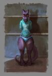  absurd_res amber_eyes ambiguous_gender anthro bottomless clothed clothing hi_res hoodie kobold maneframe nil panties purple_body purple_scales scales solo standing topwear underwear 