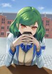  +_+ 1girl bangs blue_bow bow breasts brown_eyes coffee_cup covered_mouth cup disposable_cup eyebrows_visible_through_hair green_hair hair_behind_ear hair_ornament hairclip head_tilt highres holding holding_cup kamota_(kamotadm) kitakouji_hisui looking_at_viewer medium_breasts nijisanji short_hair solo virtual_youtuber 