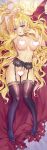  1girl black_legwear blonde_hair blush boots breasts carnelian censored choker cloak cross-laced_footwear dakimakura_(medium) garter_belt garter_straps heart heart_censor lace-up_boots lace_garter_belt lilith_(yamibou) long_hair looking_at_viewer lying medium_breasts navel purple_eyes solo thighhighs very_long_hair wavy_hair yami_to_boushi_to_hon_no_tabibito 