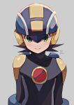  1boy arms_at_sides artist_name black_bodysuit blue_headwear blush bodysuit brown_hair closed_mouth commentary_request covered_collarbone dated green_eyes grey_background helmet highres male_focus netnavi rockman rockman_exe rockman_exe_(character) short_hair simple_background smile solo twitter_username upper_body zero-go 