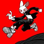  1:1 2020 5_fingers anthro belt bottomwear clothing fingers footwear hi_res jacket jumping lagomorph leporid looking_at_viewer male mammal open_mouth pants rabbit red_background red_eyes shirt shoes shurueder simple_background smile sneakers solo topwear white_body 