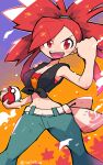  1girl absurdres breasts denim eyebrows_visible_through_hair flannery_(pokemon) gym_leader hair_tie highres jeans looking_at_viewer pants poke_ball pokemon pokemon_(creature) pokemon_(game) pokemon_gsc pokemon_rse ponytail rariatto_(ganguri) red_eyes red_hair smile solo 