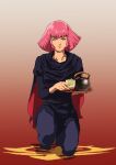  1girl absurdres bangs black_pants blue_eyes cape collarbone cup gundam haman_karn highres holding holding_tray kneeling light_smile looking_at_viewer pants pink_hair short_hair smile solo teacup teapot teikoku_jokyoku tray v-shaped_eyebrows zeta_gundam 