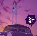  2girls against_glass bangs binoculars blue_shirt blue_shorts bow brown_eyes brown_hair car cloud commentary_request contemporary cookie_(touhou) exit_sign eyebrows_visible_through_hair frilled_bow frills full_body ground_vehicle hair_bow hakurei_reimu holding holding_binoculars horns ibuki_suika kanna_(cookie) long_hair looking_down medium_hair mini_cooper miyako_(naotsugu) motor_vehicle multiple_girls open_mouth orange_hair outdoors red_bow shirt shoes shorts sneakers solid_circle_eyes speech_bubble standing standing_on_car sunset swept_bangs thigh_strap touhou trapped unbuttoned unbuttoned_shirt wavy_mouth white_footwear white_shirt yamin_(cookie) 