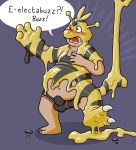  2_toes 4_fingers 5_toes anthro belly big_belly biped black_body black_tail blueballs blush bulge claws clothed clothing dialogue digital_drawing_(artwork) digital_media_(artwork) electabuzz erection erection_under_clothing feet fingers glistening goo_transformation human human_to_anthro latex_transformation liquid_latex male mammal markings multicolored_tail nintendo open_mouth overweight overweight_male pok&eacute;mon pok&eacute;mon_(species) rubber simple_background solo species_transformation speech_bubble striped_tail stripes text toe_claws toes toony topless transformation two_tone_tail underwear video_games yellow_body yellow_tail 