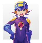  1boy :d artist_name blue_headwear bodysuit border brown_hair commentary_request covered_collarbone cowboy_shot dated gradient gradient_background green_eyes grey_background hand_on_hip happy helmet highres male_focus open_mouth outside_border purple_bodysuit rockman rockman_exe rockman_exe_(character) short_hair simple_background smile solo standing twitter_username upper_teeth white_backgorund white_border zero-go 