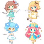  4girls :d aikei_ake bangs bare_arms bare_shoulders battery black_capelet black_footwear blonde_hair blue_dress blue_eyes blue_flower blue_hair blush boots brown_eyes brown_footwear brown_hair brown_headwear capelet chibi closed_mouth collared_dress commentary_request dress eyebrows_visible_through_hair flower green_dress green_eyes green_footwear hair_between_eyes hair_flower hair_ornament hair_ribbon hat highres holding holding_flower instrument lightning_bolt long_hair looking_at_viewer mary_janes multiple_girls one_side_up open_mouth original outstretched_arms personification pink_hair red_ribbon ribbon roman_numeral sandals shoes simple_background sleeveless sleeveless_dress smile standing standing_on_one_leg translation_request triangle_(instrument) two_side_up very_long_hair white_background white_dress white_footwear 