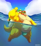  anthro beard belly big_belly bowser bulge clothing duo facial_hair hi_res horn koopa male manlyster mario_bros muscular muscular_anthro muscular_male nintendo nipples outside overweight overweight_anthro overweight_male partially_submerged pecs red_horn scalie sea shell speedo spiked_shell spikes spikes_(anatomy) swimwear video_games water 