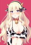  1girl animal_ears animal_print bangs bare_shoulders bikini black_bow blonde_hair blue_eyes blush bow breasts bridal_gauntlets cleavage collar cow_ears cow_horns cow_print detached_sleeves elf gloves hair_bow horns horosuke_(toot08) large_breasts long_hair looking_at_viewer navel open_mouth pointy_ears princess_connect! princess_connect!_re:dive saren_(princess_connect!) simple_background solo swimsuit white_bikini 