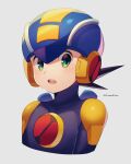  1boy artist_name blue_headwear blush bodysuit commentary_request covered_collarbone cropped_torso dated green_eyes grey_background helmet highres looking_at_viewer male_focus netnavi open_mouth rockman rockman_exe rockman_exe_(character) short_hair simple_background solo twitter_username upper_body upper_teeth zero-go 