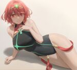  1girl bangs black_swimsuit blush breasts commentary_request covered_navel earrings free_style_(yohan1754) highleg highleg_swimsuit highres jewelry large_breasts looking_at_viewer lying on_side one-piece_swimsuit pyra_(pro_swimmer)_(xenoblade) pyra_(xenoblade) red_eyes red_hair red_swimsuit short_hair sidelocks swept_bangs swimsuit tiara two-tone_swimsuit xenoblade_chronicles_(series) xenoblade_chronicles_2 