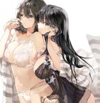  2girls ass babydoll bangs bare_shoulders black_bra black_eyes black_hair black_panties bra breasts camisole camisole_lift flower hair_between_eyes holding_hands hug hug_from_behind huge_breasts lace-trimmed_bra lace-trimmed_panties lace_trim lingerie long_hair looking_at_viewer looking_to_the_side multiple_girls open_mouth original out_of_frame panties see-through simple_background souji_hougu stomach thighs tight underwear white_bra white_panties yuri 